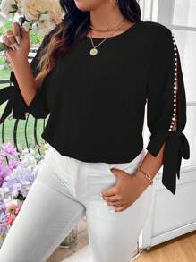 EMERY ROSE Blusa elegante y casual de mujer talla grande, de tejido sólido, con hombros descubiertos y lazo de perlas - Negro - Ver 1