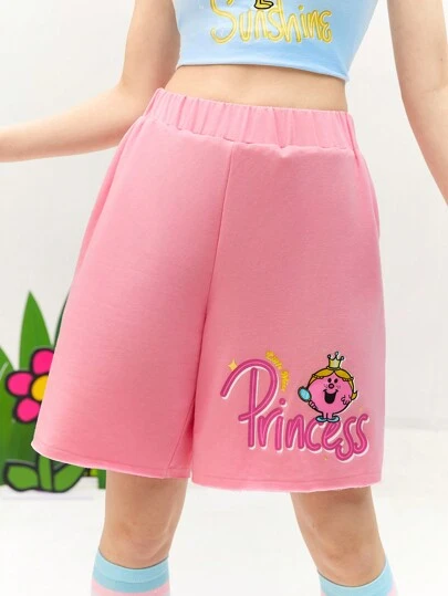 Mr Men Little Miss X SHEIN Women's Casual Cartoon And Letter Printed Elastic Waist Wide Leg Loose Summer Pink Shorts