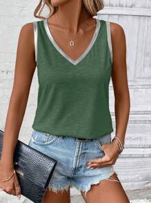 INAWLY Maglietta senza maniche casual da donna con scollo a V e design in tessuto effetto patchwork di colore solido per la primavera / estate