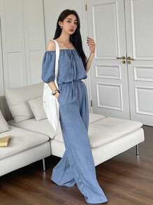 DAZY 女式夏季纯色露肩短款泡泡袖短款上衣和阔腿宽松裤两件套，荷叶边 - 藍色 - 查看 5