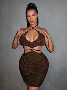 SHEIN SXY Fall Clothes Summer Strap Spaghetti Strap Ruffle Hem Fish Tail Long Dress For Women - Brown - View 4