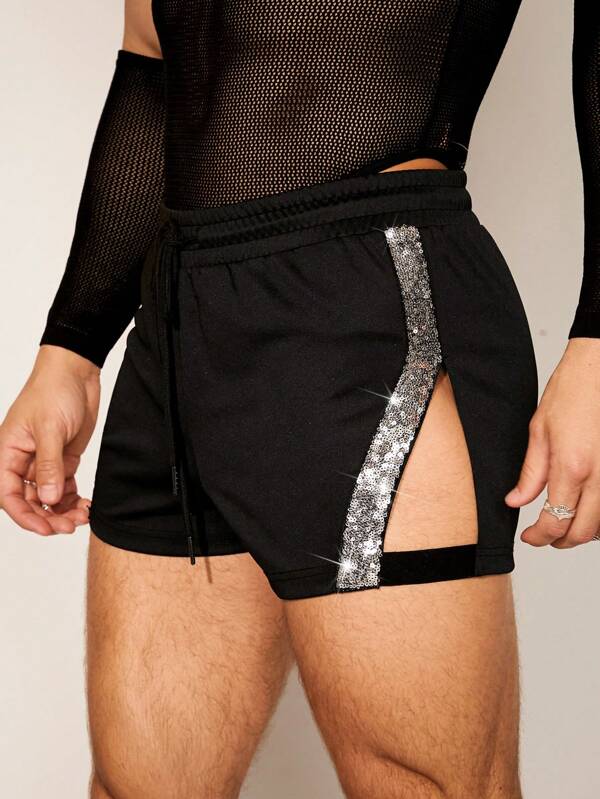 FeverCity Men's Sequins Weave Slim-Fit Shorts Summer Party Rave Shorts, For Husband, Boyfriend Gifts