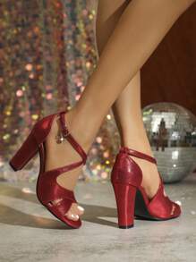 Plus Size Women's Red Latin Dance Sandals With Hollow Out And Chunky High Heel, Featuring Ankle Strap And Toe Strap - Red - View 7
