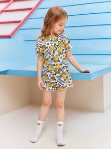 Mr Men Little Miss X SHEIN Young Girl Flower Letter Cartoon Print Casual Lettuce Trim Crop Top And Shorts Homewear Set - Yellow - View 10