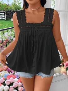Flirla Plus Size Solid Color Square Neck Lace Trim Sleeveless Shirt, Summer - Black - View 7