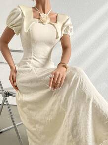 Modelyn Women's Puff Sleeve Party Dress With 3D Flower Design - Apricot - View 4