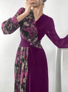 Modelyn Đầm dự tiệc dài tay xếp ly cổ chữ V in họa tiết chắp vá dành cho nữ - Màu tím - Xem 3