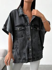 SHEIN Cottnline Women's Bat Short Sleeve Denim Jacket - Dark Grey - View 4