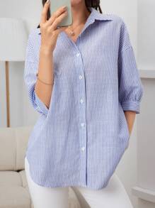 Mulvari Áo Sơ Mi Sọc Nữ Thiết Kế Thời Trang Xuân/Hè - Xanh và trắng - Xem 4