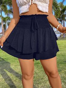 Flirla Quần Short Thắt Eo Túi Giấy Trơn Có Viền Hai Lớp Và Thắt Lưng Cinch, Size Plus - Màu xanh hải quân - Xem 6