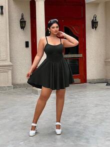 POPSWAY Plus Size Summer Casual Waist Drawstring Sling Dress - Black - View 5