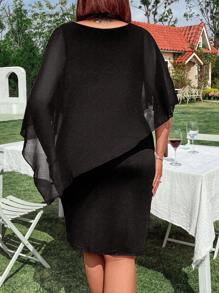 EMERY ROSE Plus Size V-Neck Short Sleeve Rhinestone Embellished Knit & Chiffon Patchwork Fitted Mini Dress - Black - View 2