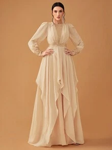 YISIKADO Women's Elegant Chiffon Sequined Lantern Sleeve Party Dress Long Sleeve Formal Evening Prom Wedding Guest Gown, For Graduation, Dinner - Champagne - View 7