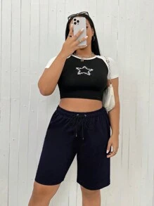 Flirla Plus Drawstring Waist Shorts For Summer - Navy Blue - View 4