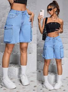 SHEIN PETITE Shorts Casuais de Denim Lavado para o Verão, Roupas de Trabalho - Azul - Visão 1