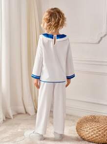 SHEIN 2pcs Young Boy Bright Navy Collar Long Sleeve Top And Relaxed Fit Pants Sets, Lightweight For Spring/Autumn - Multicolor - View 2