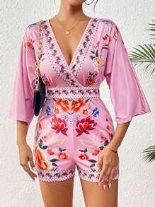Breezaya Bộ áo liền quần tay cánh dơi cổ chữ V in hoa chồng lên nhau cho kỳ nghỉ - Bụi hồng - Xem 4