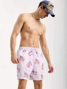 Manfinity Swimmode Men's American Flag Printed Drawstring Waist Loose Beach Shorts For Vacation