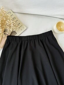 SHEIN Tween Girl 加大码通勤休闲春夏编织纯色裙子 - 黑色 - 查看 3