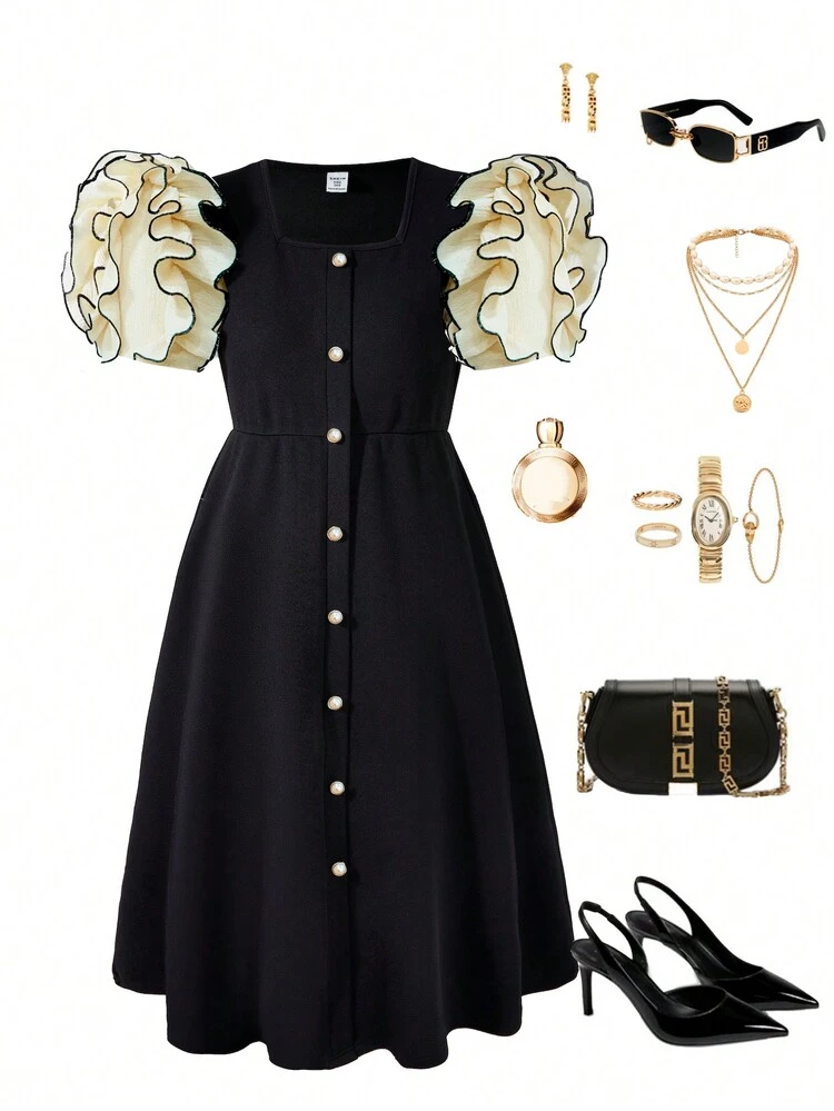 Tween Girl Fashionable Multilayer Ruffle Edge Puff Sleeve Dress