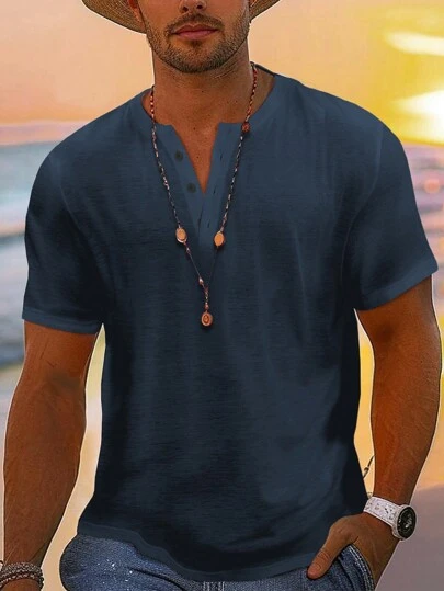 Manfinity RSRT Men's Plus Size Solid Color Button Half Placket Short Sleeve Casual T-Shirt, Summer