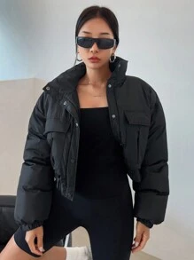 DAZY Women's Stand Collar Short Padded Coat With Pockets, Winter ,Winter Women Clothes,Winter Coat Women Jacket - Black - View 4