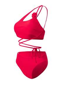 SHEIN Swim Women's Summer Beach Solid One-Shoulder Cut Out 3D Flower Decoration Top & Bikini Bottom Sexy Red Bikini Set - Red - View 7