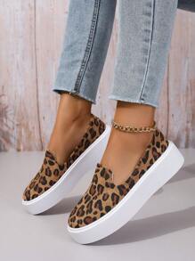 Ladies' Slip-On Loafers, Casual, Orange Sports Shoes, Women's Sports Shoes, Fashionable, Breathable, Large Size, Fabric Design With Breathable Comfortable High Platform, Versatile With Multi-Colored Leopard Print Sports Shoes, Random Color - Multicolor - View 3