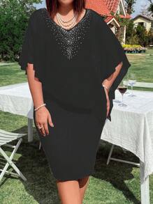 EMERY ROSE Plus Size V-Neck Short Sleeve Rhinestone Embellished Knit & Chiffon Patchwork Fitted Mini Dress - Black - View 1