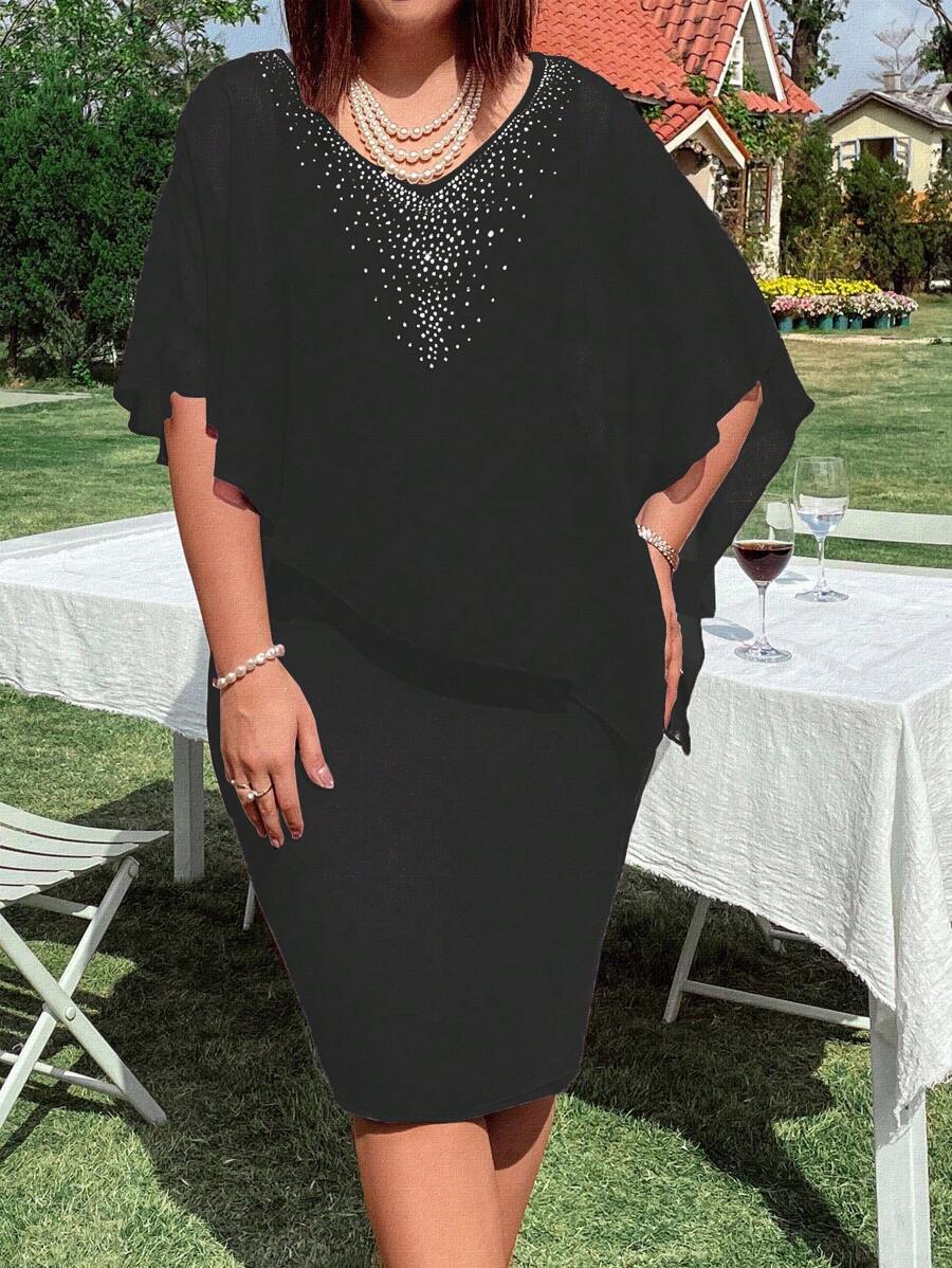 EMERY ROSE Plus Size V-Neck Short Sleeve Rhinestone Embellished Knit & Chiffon Patchwork Fitted Mini Dress - Black - View 1