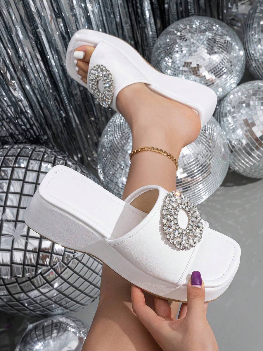 Women's Chunky Heel Peep-Toe Slip-On Rhinestone Shiny Mule Sandals, Breathable Casual Platform Wedge Summer Shoes, White