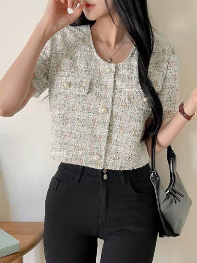 DAZY 花卉圆领短袖修身女士衬衫，短袖上衣夏季