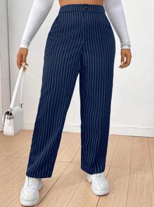 Flirla Plus Size Casual Striped Tapered Suit Pants