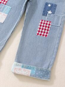 Vintage Patchwork Overalls Jumpsuit For Kids, Denim Suspender Pants - Blue - View 4
