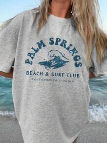 INAWLY Wave & Slogan Graphic Drop Shoulder Tee PALM SPRINGS BEACH SURF CLUB SOUTHERN CALIFORNIA Graphic Tees Women Tops - Light Grey - View 1