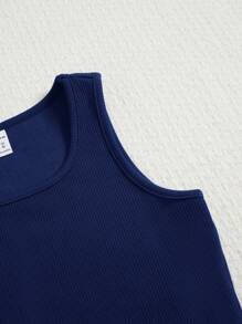 SHEIN Tween Girl Knit Textured Top And Shorts Casual Set - Navy Blue - View 4