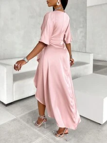 Váy Satin màu trơn xếp li tay áo cánh dơi bất đối xứng thanh lịch dành cho nữ - Hồng - Xem 2