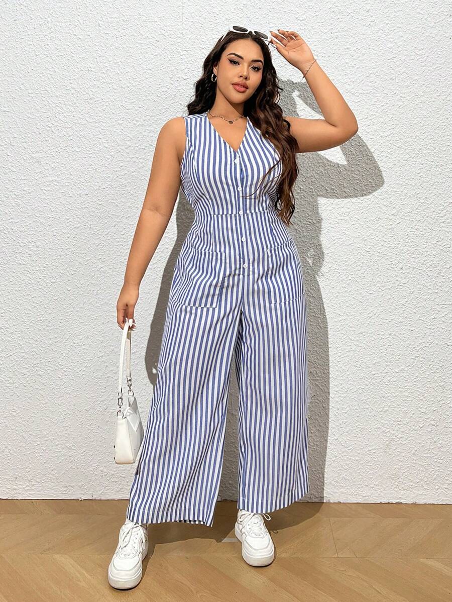 SHEIN EZwear Plus Size Striped Printed Sleeveless V-Neck Casual Jumpsuit With Single-Breasted Button