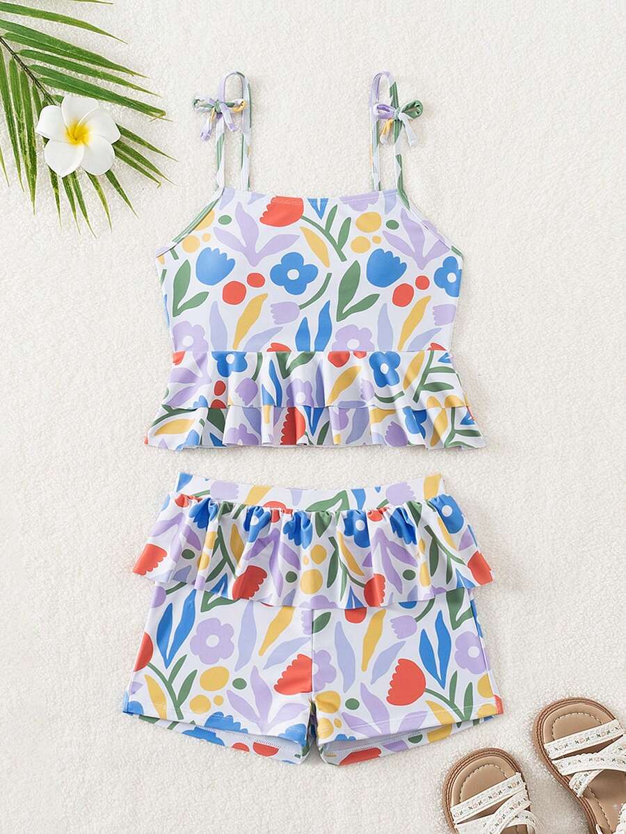 SHEIN Tween 女童夏季海滩花卉印花吊带背心和百慕大短裤度假分体泳衣套装 - 彩色 - 查看 1
