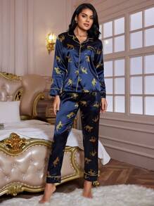 LuxeNights Leopard Print Contrast Piping Satin PJ Set / Pajama Set, Fall Clothes Cozy And Elegant Details, Winter - Navy Blue - View 4