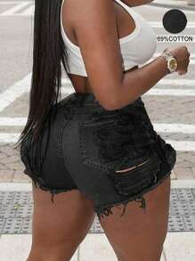 Rave Y2K Streetwear High Stretch Diagonal Pocket Frayed Hollow Out Distressed Mini Denim Shorts - Black - View 1