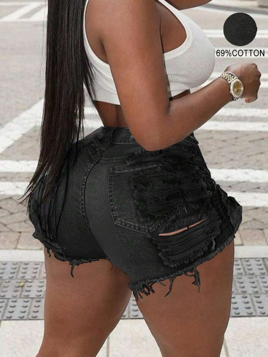 Rave Y2K Streetwear High Stretch Diagonal Pocket Frayed Hollow Out Distressed Mini Denim Shorts - Black - View 1