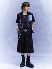 ROMWE MEN Corpse Bride | ROMWE 男士卡通人物与字母印花翻领短袖衬衫，夏季 - 藏蓝色 - 查看 2