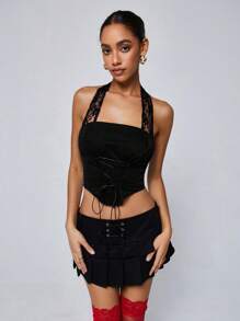 Aveloria Affinna Conjunto de 2 piezas dulce y fresco para verano con top halter de encaje trasparente y falda mini plisada empalmada con encaje