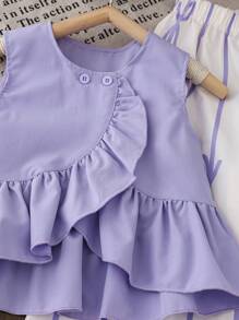 Young Girl Solid Color Round Neck Sleeveless Top With Ruffled Hem And All-Over Print Long Pants Summer Two-Piece Set