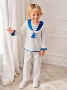 SHEIN 2pcs Young Boy Bright Navy Collar Long Sleeve Top And Relaxed Fit Pants Sets, Lightweight For Spring/Autumn - Multicolor - View 6