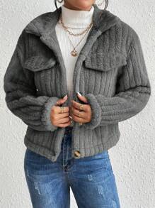 EMERY ROSE Solid Color Front Button Winter Long Sleeve Jacket Fall Cloth For Women - Dark Grey - View 3