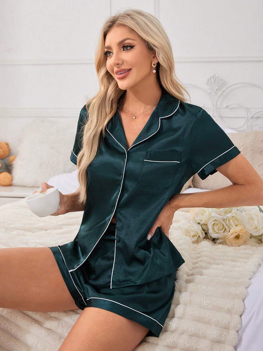 Conjunto de pijama con ribete de contraste - Verde - Ver 1