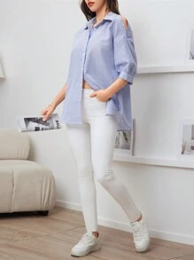 Mulvari Áo Sơ Mi Sọc Nữ Thiết Kế Thời Trang Xuân/Hè - Xanh và trắng - Xem 6