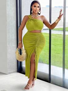 BIUBIU 女式加大码性感单肩扭纹镂空系带褶饰大腿开衩度假连衣裙 - 綠色 - 查看 6